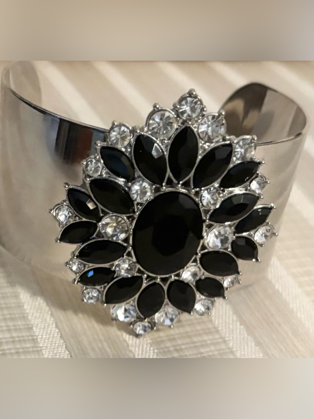 Women's Silver Cuff Bracelet with Black Crystal Floral Medallion